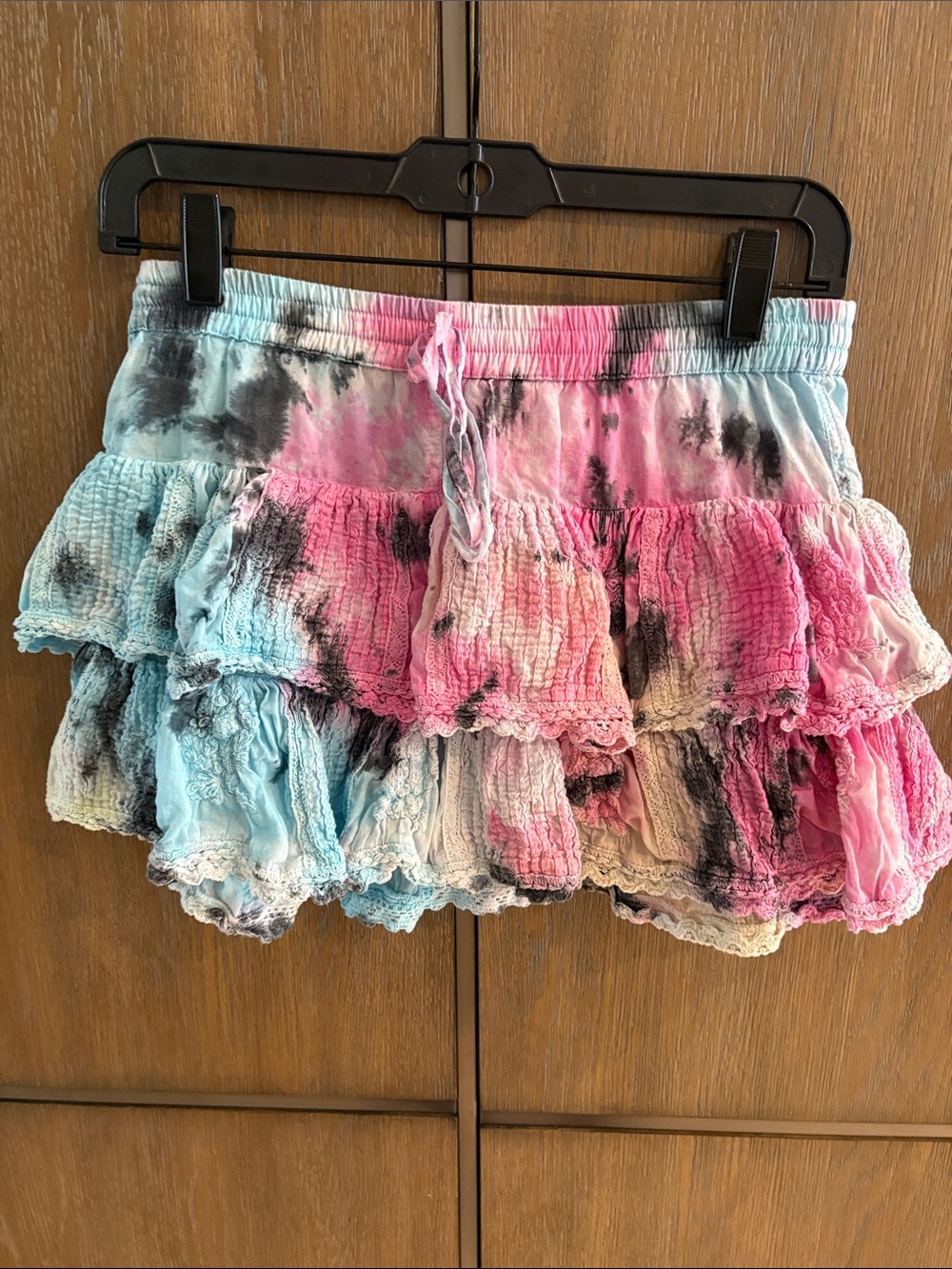 Tie-Dye Tiered Ruffle Mini Skirt - Pink & Blue